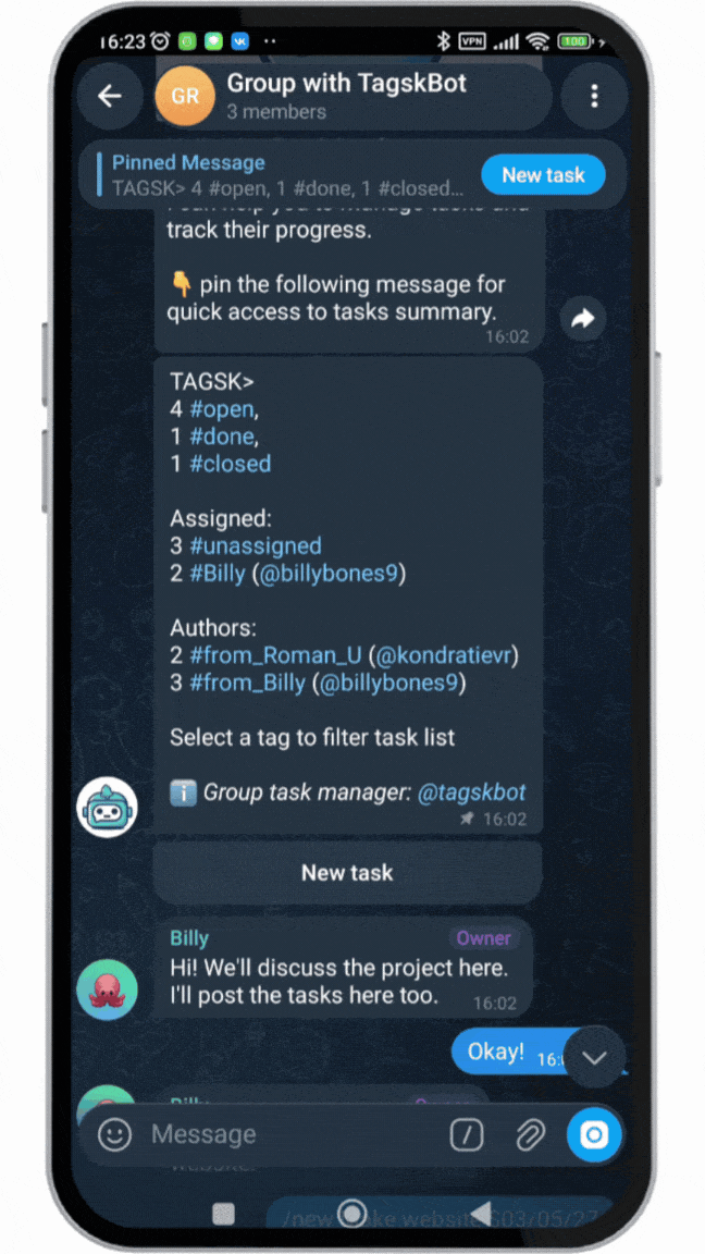 TagskBot task workflow in Telegram